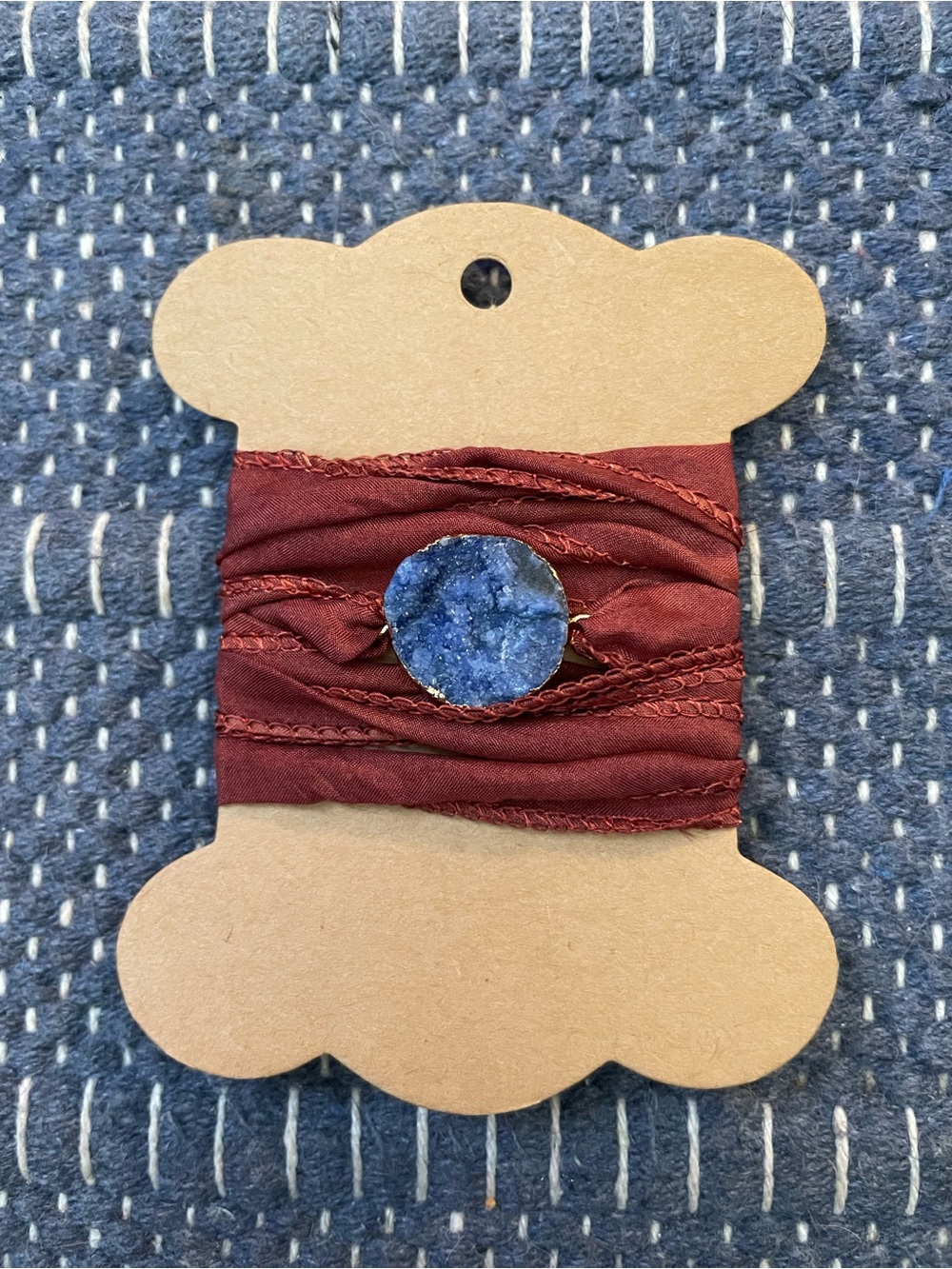 Wrap Bracelet with Blue Druzy Stone and Burgundy Silk Ribbon